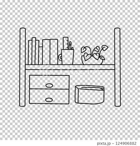A shelf with a vase and a book on it 124906882