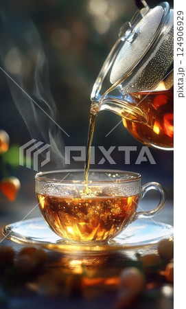 ガラスのカップに注がれるお茶 124906929