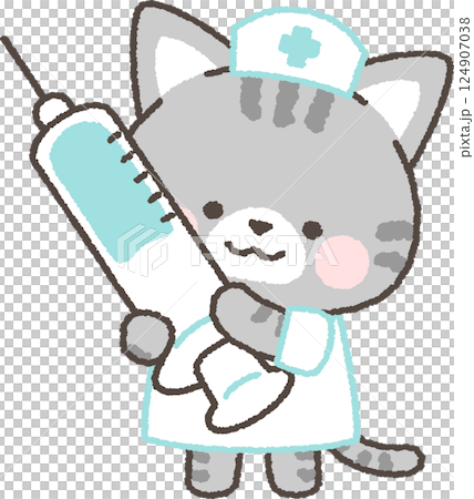Tabby cat nurse holding a syringe Tabby cat nurse holding a syringe 124907038