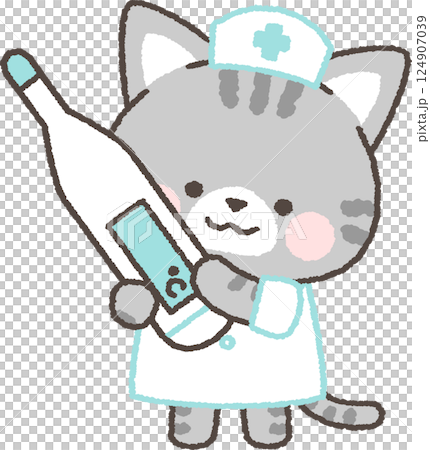Tabby cat nurse holding a thermometer Tabby cat nurse holding a thermometer 124907039
