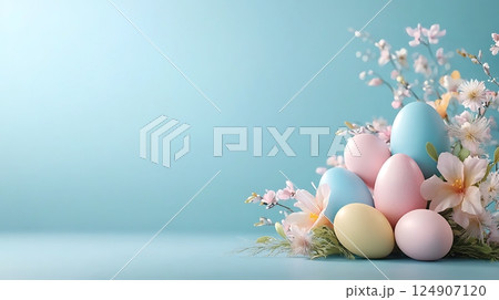 pastel easter eggs and flower on table with blue background 124907120