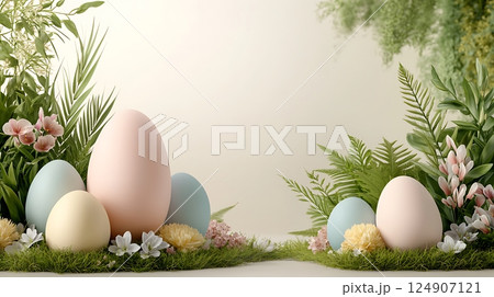 easter background with eggs and flowers 124907121