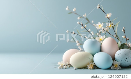 easter composition with eggs and willow branches 124907122