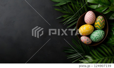 colorful easter egg on stone background 124907139