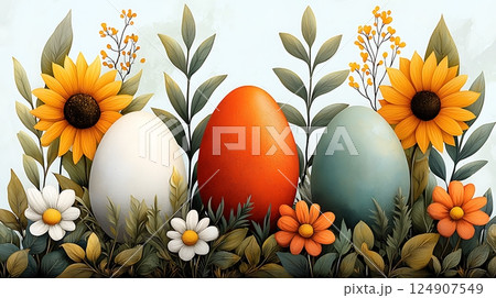 beautiful easter card with eggs and flowers 124907549