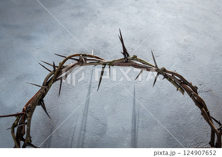 Wooden wall casting dark shadow from Jesus crown of thorns, symbolizing religious suffering and sacrifice Christian background, Easter concept 124907652