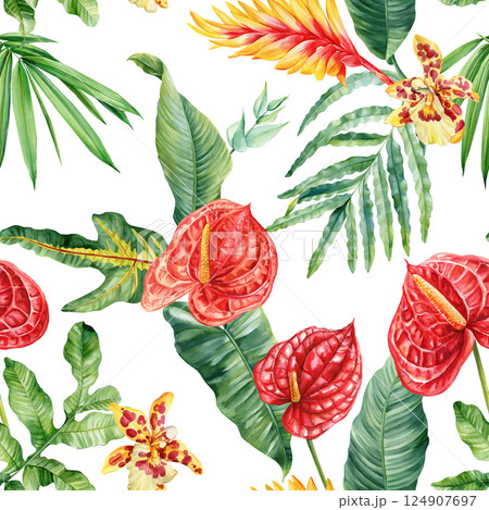 tropical seamless pattern with red anthurium flowers and jungle leaves watercolor exotic floral design for summer print tropical seamless pattern with red anthurium flowers and jungle leaves watercolor exotic floral design for summer print 124907697