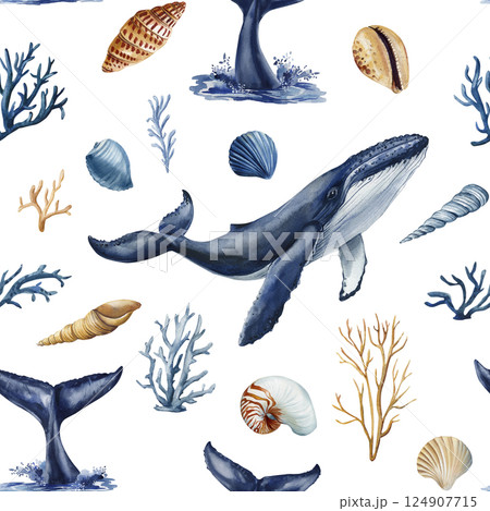 watercolor seamless pattern with whales tails seashells, coral underwater ocean marine animals illustration sea design 124907715