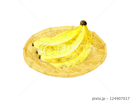 竹ざるに乗ったバナナ フルーツの手描き水彩イラスト素材 竹ざるに乗ったバナナ フルーツの手描き水彩イラスト素材 124907817