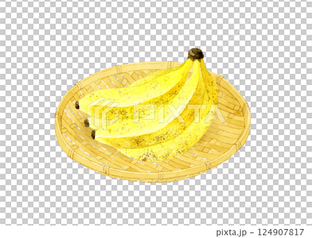 竹ざるに乗ったバナナ フルーツの手描き水彩イラスト素材 竹ざるに乗ったバナナ フルーツの手描き水彩イラスト素材 124907817