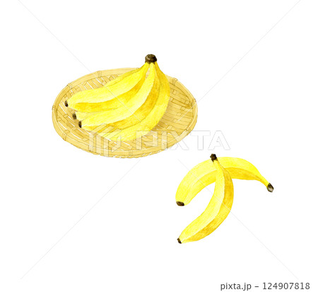 竹ざるに乗ったバナナ　フルーツの手描き水彩イラスト素材 124907818