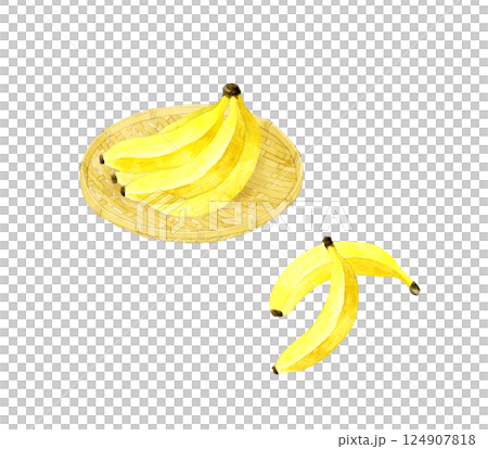 竹ざるに乗ったバナナ　フルーツの手描き水彩イラスト素材 124907818
