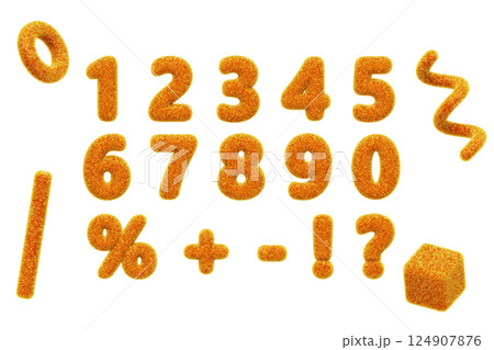 3d fur fluffy numbers from 0 to 9 with percent sign, question mark, exclamation, plus, minus symbol. Abstract geometric shapes cube, ring, spiral line with yellow orange hairy texture. 3D illustration 124907876