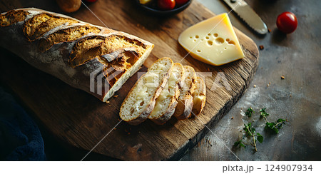 Sliced rustic bread with melted cheese Sliced rustic bread with melted cheese 124907934