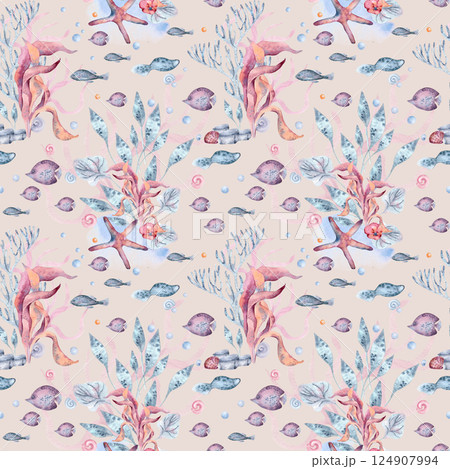 Watercolor ocean seamless pattern with delicate marine flora and fauna hand drawn on pastel background. Tropical ocean world repeated texture for home textile, packaging, summer prints, wallpaper. 124907994