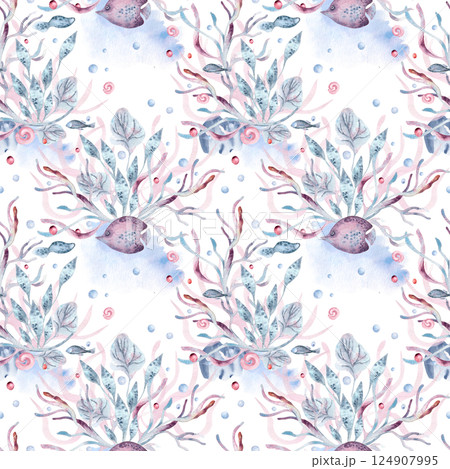 Watercolor seamless marine pattern with seaweeds, fish, and coral in soft dusty pink and blue tones isolated. Ocean flora clown fish repeated background hand painted for nautical style textile. 124907995