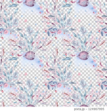 Watercolor seamless marine pattern with seaweeds, fish, and coral in soft dusty pink and blue tones isolated. Ocean flora clown fish repeated background hand painted for nautical style textile. 124907995