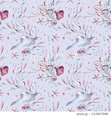 Gentle seamless sea life design with corals, stingrays, starfish, and seaweed hand painted in pastel watercolor isolated. Underwater repeated pattern for wrapping, home decor, and ocean branding. 124907996