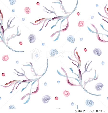 Underwater seamless pattern of monochrome dusty pink sea plants and bubbles, curl watercolor on white. Repeated background hand drawn for marine prints, wrapping paper, stationery, textile designs. Underwater seamless pattern of monochrome dusty pink sea plants and bubbles, curl watercolor on white. Repeated background hand drawn for marine prints, wrapping paper, stationery, textile designs. 124907997
