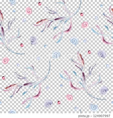 Underwater seamless pattern of monochrome dusty pink sea plants and bubbles, curl watercolor on white. Repeated background hand drawn for marine prints, wrapping paper, stationery, textile designs. Underwater seamless pattern of monochrome dusty pink sea plants and bubbles, curl watercolor on white. Repeated background hand drawn for marine prints, wrapping paper, stationery, textile designs. 124907997