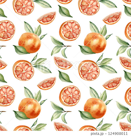 Red oranges, leaves watercolor seamless background isolated. Citrus summer textile pattern. Whole and half grapefruit and foliage hand drawn. Juicy fruits fresh texture in botanical style painted. Red oranges, leaves watercolor seamless background isolated. Citrus summer textile pattern. Whole and half grapefruit and foliage hand drawn. Juicy fruits fresh texture in botanical style painted. 124908011