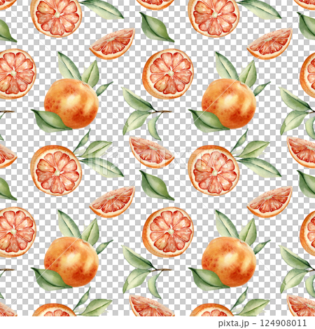 Red oranges, leaves watercolor seamless background isolated. Citrus summer textile pattern. Whole and half grapefruit and foliage hand drawn. Juicy fruits fresh texture in botanical style painted. Red oranges, leaves watercolor seamless background isolated. Citrus summer textile pattern. Whole and half grapefruit and foliage hand drawn. Juicy fruits fresh texture in botanical style painted. 124908011