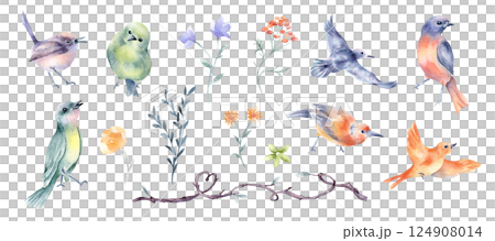 Birds and simple flowers watercolor set isolated on white. Orange, blue floral illustrations and tiny birds hand drawn. Botanical elements and sparrows pastel tones for greeting cards, kids' decor. Birds and simple flowers watercolor set isolated on white. Orange, blue floral illustrations and tiny birds hand drawn. Botanical elements and sparrows pastel tones for greeting cards, kids' decor. 124908014