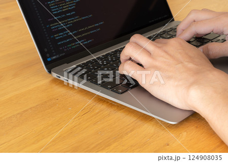 ノートパソコンでプログラミングをする手元 在宅ワークやIT学習イメージ ノートパソコンでプログラミングをする手元 在宅ワークやIT学習イメージ 124908035