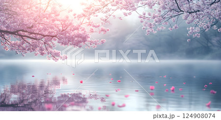 Cherry blossoms over calm misty lake at sunrise 124908074