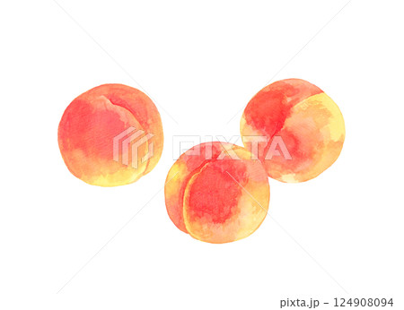 熟した桃のセット　フルーツの手描き水彩イラスト素材 124908094