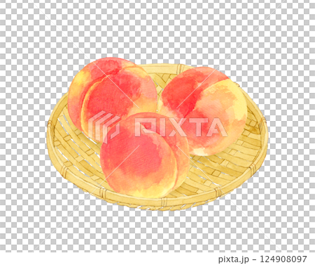 Set of peaches on a bamboo basket Hand-drawn watercolor illustration of fruit 124908097