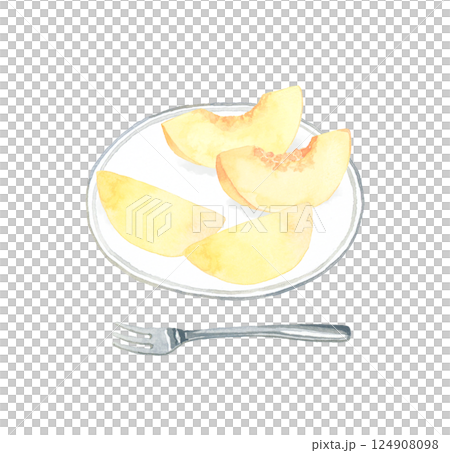 Peaches served on a white plate Hand-drawn watercolor illustration of fruit 124908098