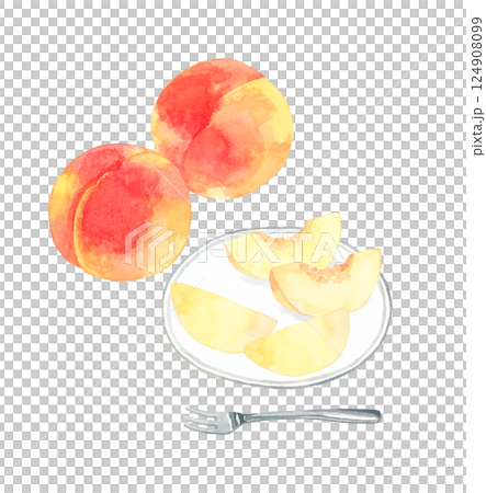 桃子放在白盤子裡手繪水果水彩插圖 124908099
