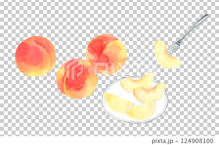 Peaches served on a white plate Hand-drawn watercolor illustration of fruit 124908100