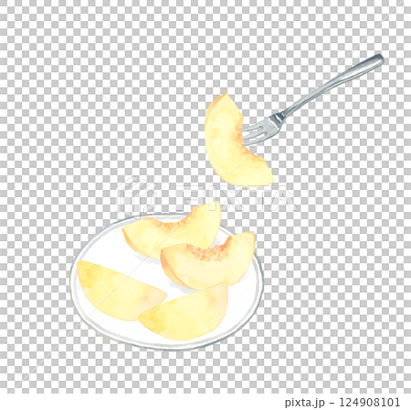 Peaches served on a white plate Hand-drawn watercolor illustration of fruit 124908101