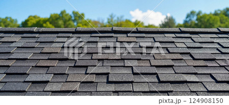 Dark asphalt shingles cover a roof, showing a close-up view with detailed texture. Trees and a clear blue sky are visible in the background, adding a natural contrast Dark asphalt shingles cover a roof, showing a close-up view with detailed texture. Trees and a clear blue sky are visible in the background, adding a natural contrast 124908150