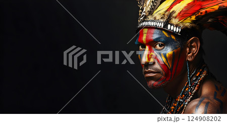 Tribal warrior in traditional face paint and feather headdress 124908202