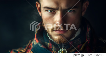 Mysterious man in vintage tartan with intense gaze 124908205