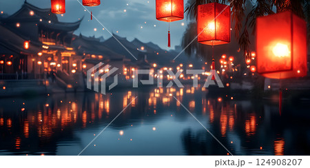 Lanterns glowing over water in traditional Asian town 124908207
