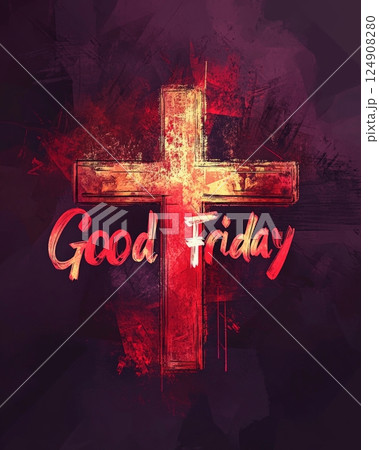 Good Friday - lettering calligraphy with glowing cross or crucifix. Christian religious holiday. 124908280