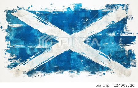 Grunge painted Scotland flag. Template for invitation, poster, flyer, banner, etc. Abstract watercolor splashes flag of Scotland. Saint Andrew day concept. 124908320