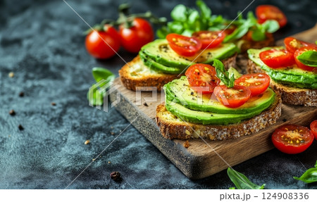 Slices of bread topped with avocado and tomato on a wooden board, surrounded by fresh ingredients. 124908336