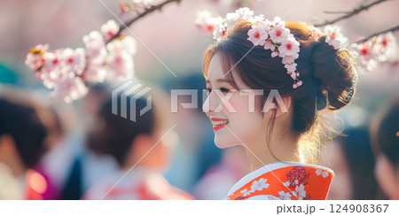 Smiling woman in kimono with cherry blossoms in hair 124908367