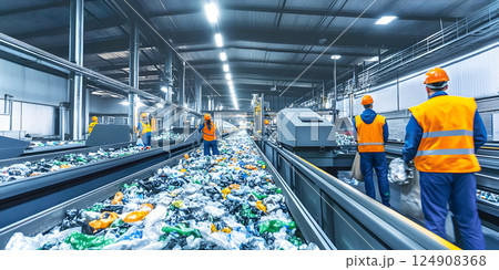 Workers sorting waste at modern recycling facility 124908368