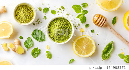 Matcha powder with lemon, ginger, mint and honey 124908371
