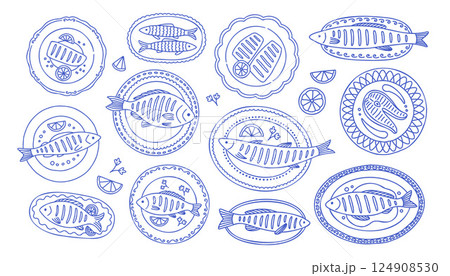 Grilled fish set in mediterranean blue. Collection of stylized, hand drawn illustration featuring various fish dishes arranged on plates. The layout is a white background and blue line art. Grilled fish set in mediterranean blue. Collection of stylized, hand drawn illustration featuring various fish dishes arranged on plates. The layout is a white background and blue line art. 124908530