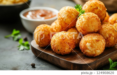 Golden fried cheese balls stacked on a wooden board with a dip in the background. 124908620