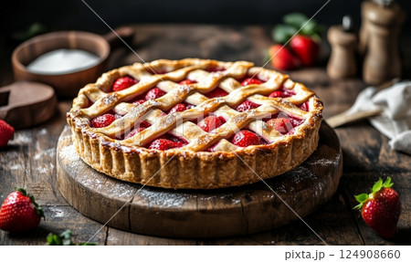 Freshly baked strawberry pie with lattice crust on wooden board. 124908660