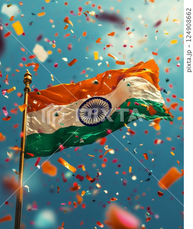 The Indian national flag waving against a sky surrounded by colorful confetti. 124908662