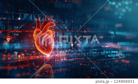 AI-powered real-time heart health monitoring and management, with a heartbeat line transforming into AI code 124908931